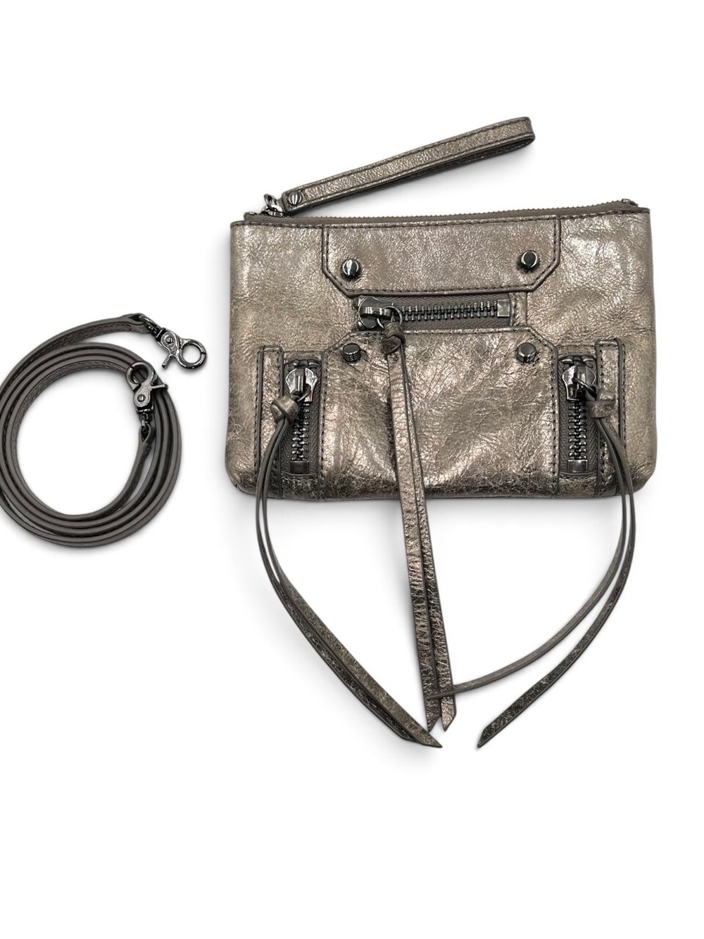 Botkier Logan Metallic Pewter Leather Moto Crossbody Wristlet Bag & Dustbag New